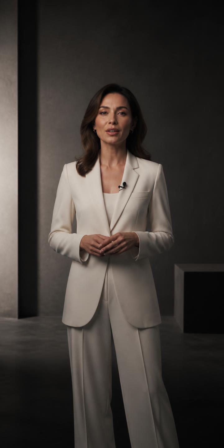 Apresentadora digital apresentando um blazer em um estúdio escuro